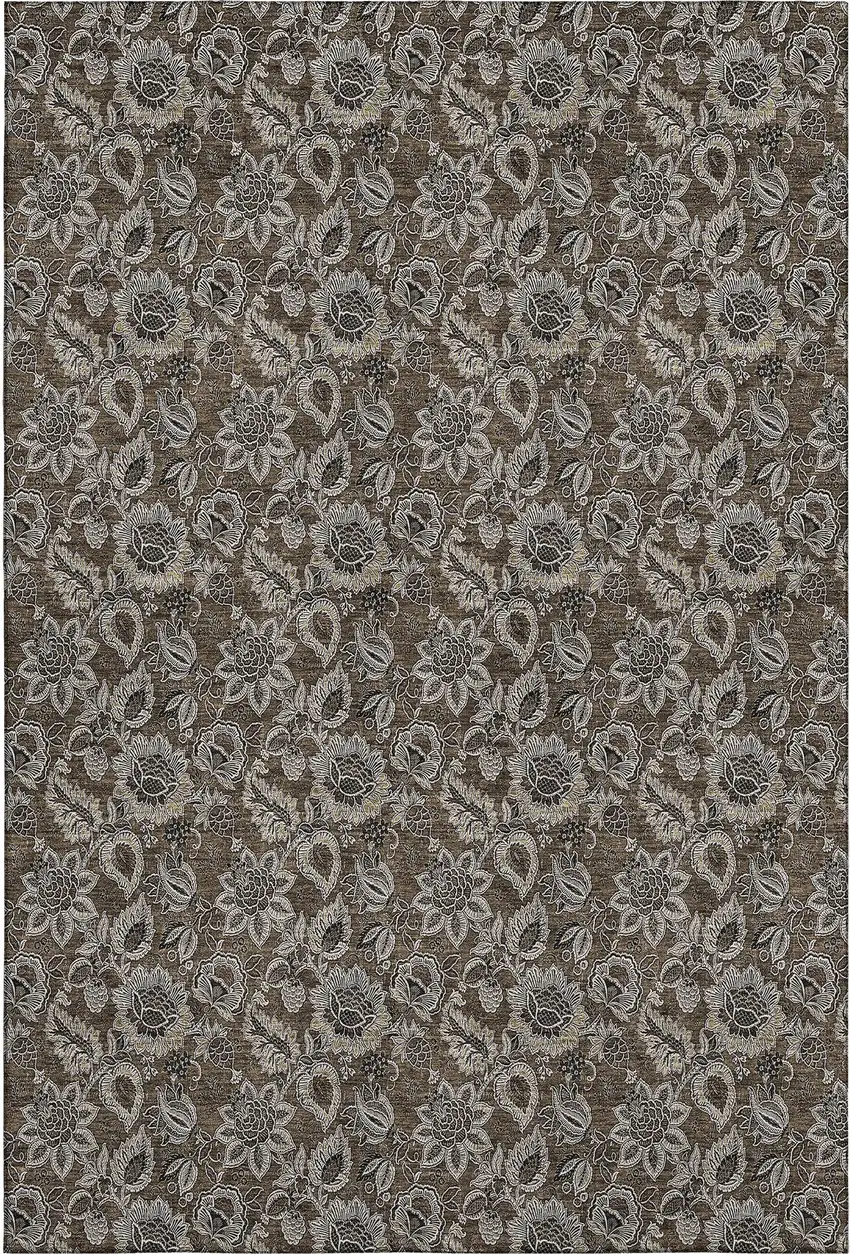 Chocolate And Gray Floral Washable Area Rug With UV Protection Photo 1