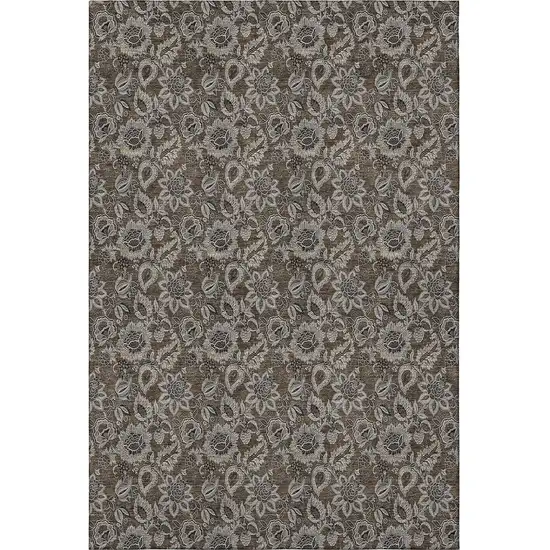Chocolate And Gray Floral Washable Area Rug With UV Protection Photo 3