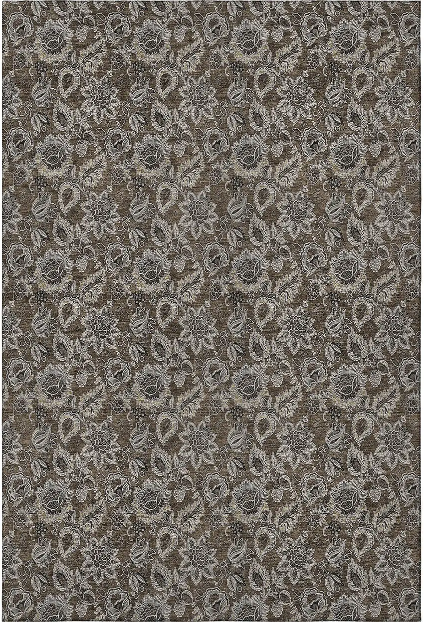 Chocolate And Gray Floral Washable Area Rug With UV Protection Photo 3
