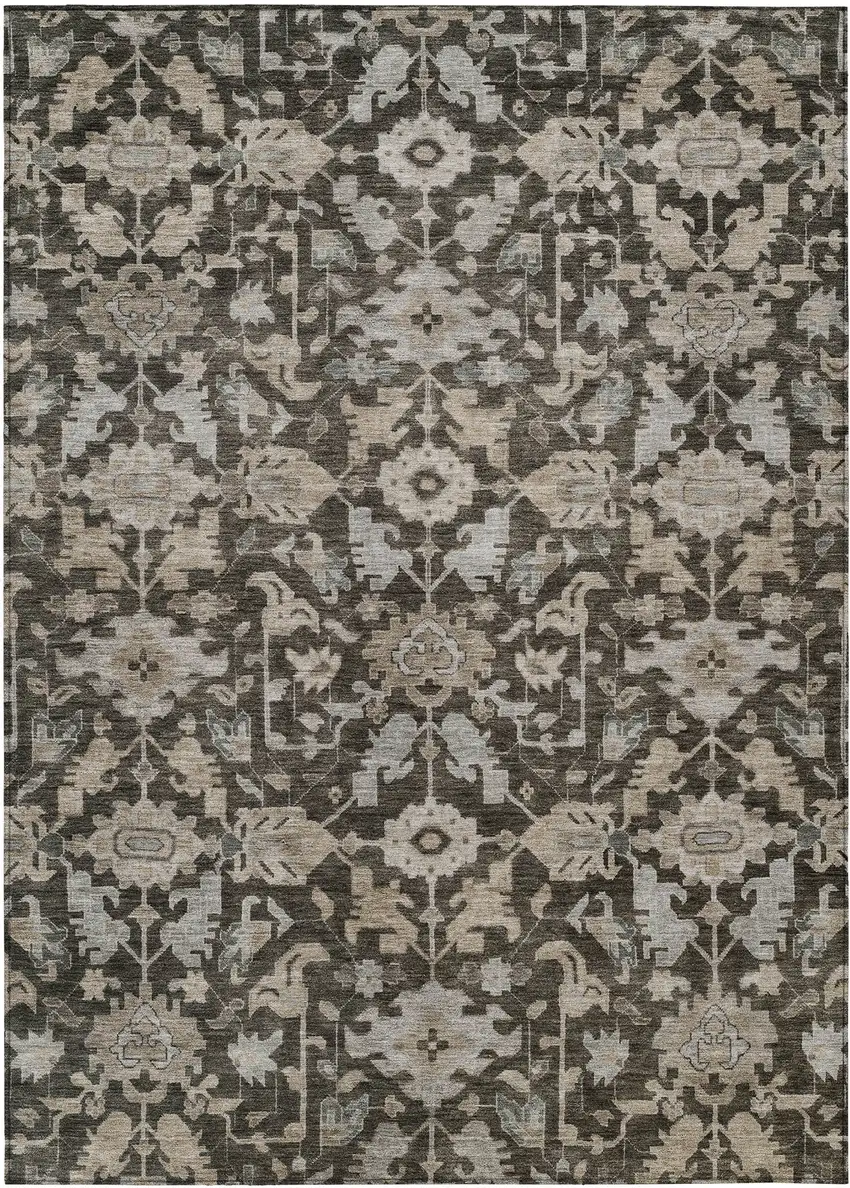 Chocolate And Gray Floral Washable Indoor Outdoor Area Rug Photo 1
