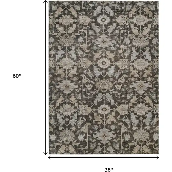 Chocolate And Gray Floral Washable Indoor Outdoor Area Rug Photo 6