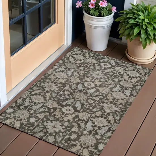 Chocolate And Gray Floral Washable Indoor Outdoor Area Rug Photo 1