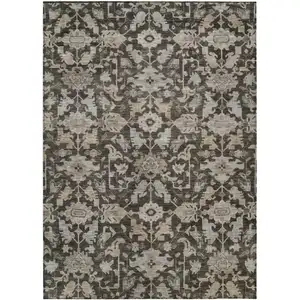 Photo of Chocolate And Gray Floral Washable Indoor Outdoor Area Rug
