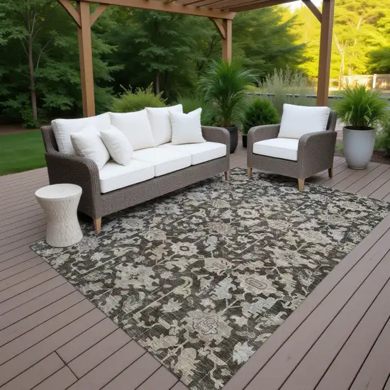 Chocolate And Gray Floral Washable Indoor Outdoor Area Rug Photo 7
