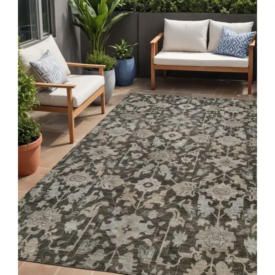 Chocolate And Gray Floral Washable Indoor Outdoor Area Rug Photo 1