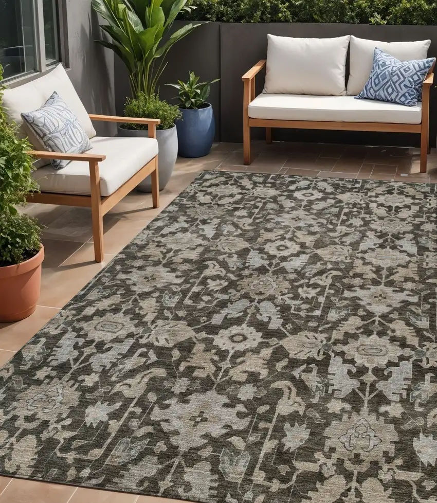 Chocolate And Gray Floral Washable Indoor Outdoor Area Rug Photo 1