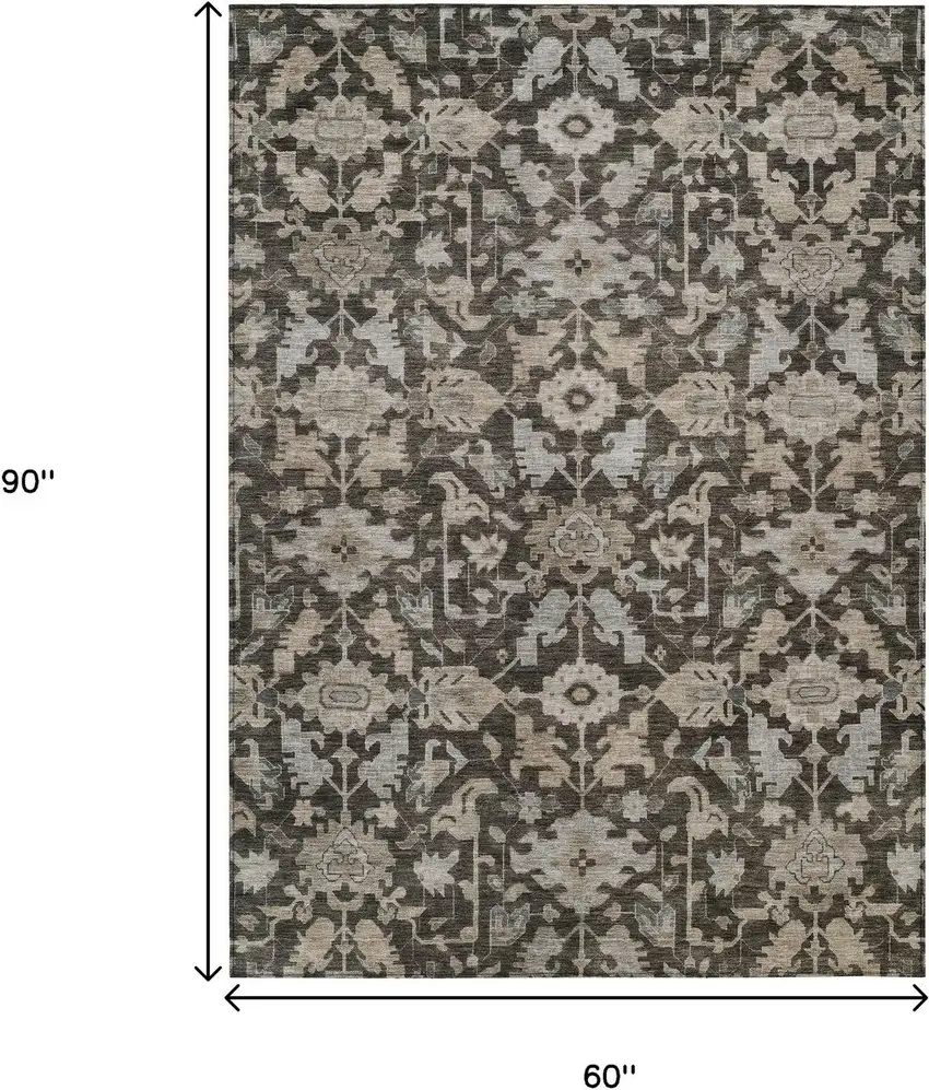 Chocolate And Gray Floral Washable Indoor Outdoor Area Rug Photo 3
