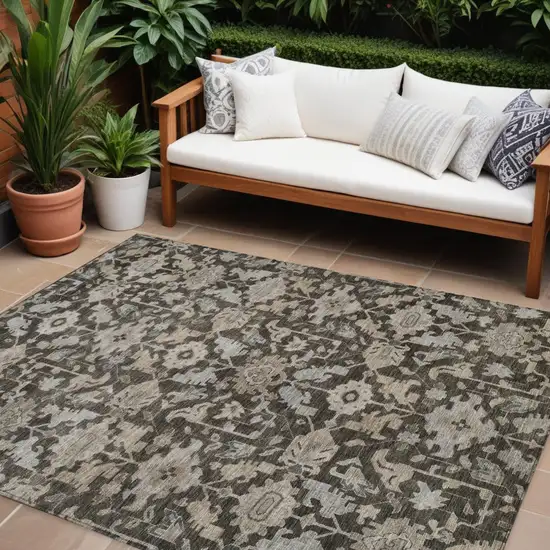 Chocolate And Gray Floral Washable Indoor Outdoor Area Rug Photo 1