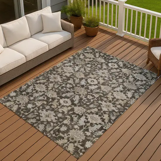 Chocolate And Gray Floral Washable Indoor Outdoor Area Rug Photo 4