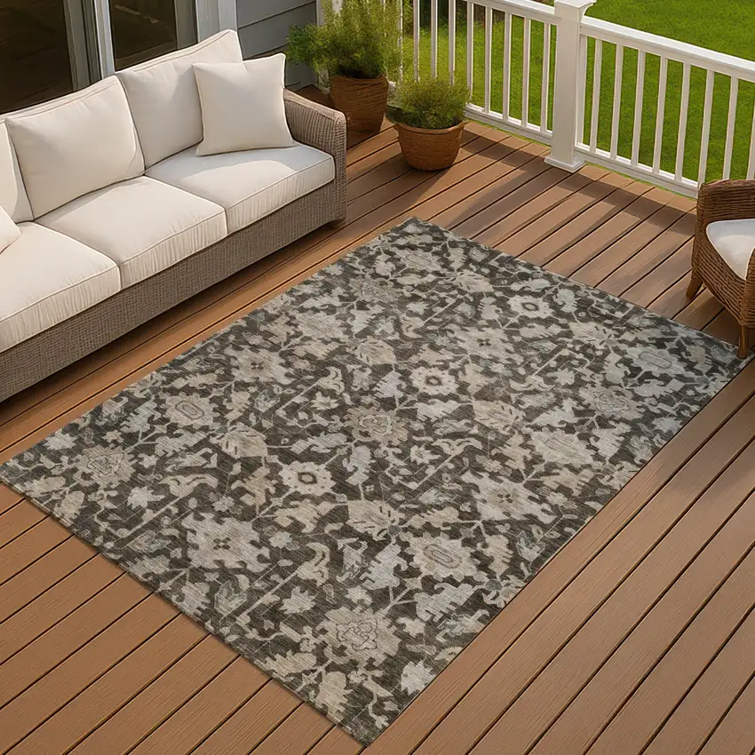 Chocolate And Gray Floral Washable Indoor Outdoor Area Rug Photo 4