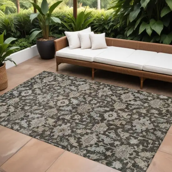Chocolate And Gray Floral Washable Indoor Outdoor Area Rug Photo 1