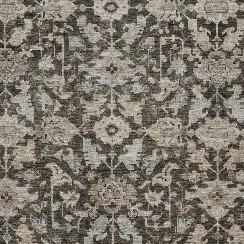 Chocolate And Gray Floral Washable Indoor Outdoor Area Rug Photo 2