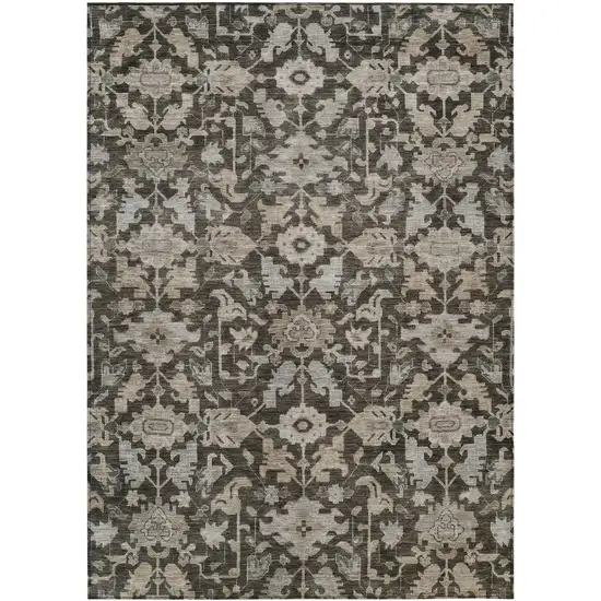 Chocolate And Gray Floral Washable Indoor Outdoor Area Rug Photo 1