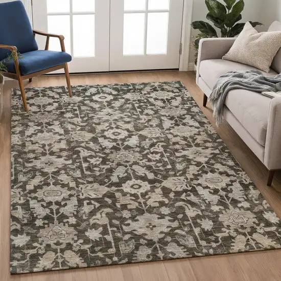Chocolate And Gray Floral Washable Indoor Outdoor Area Rug Photo 5