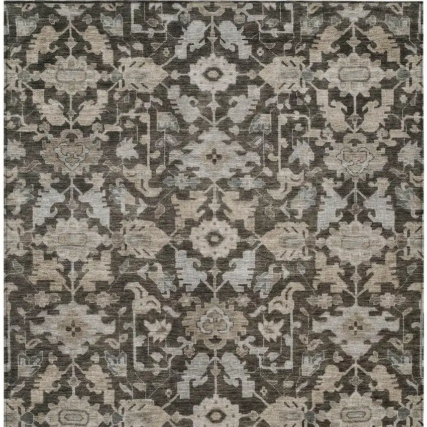 Chocolate And Gray Floral Washable Indoor Outdoor Area Rug Photo 3