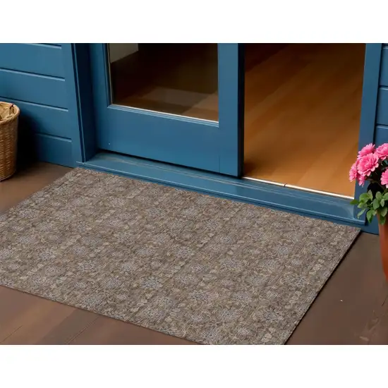 Chocolate And Gray Floral Washable Indoor Outdoor Area Rug Photo 1