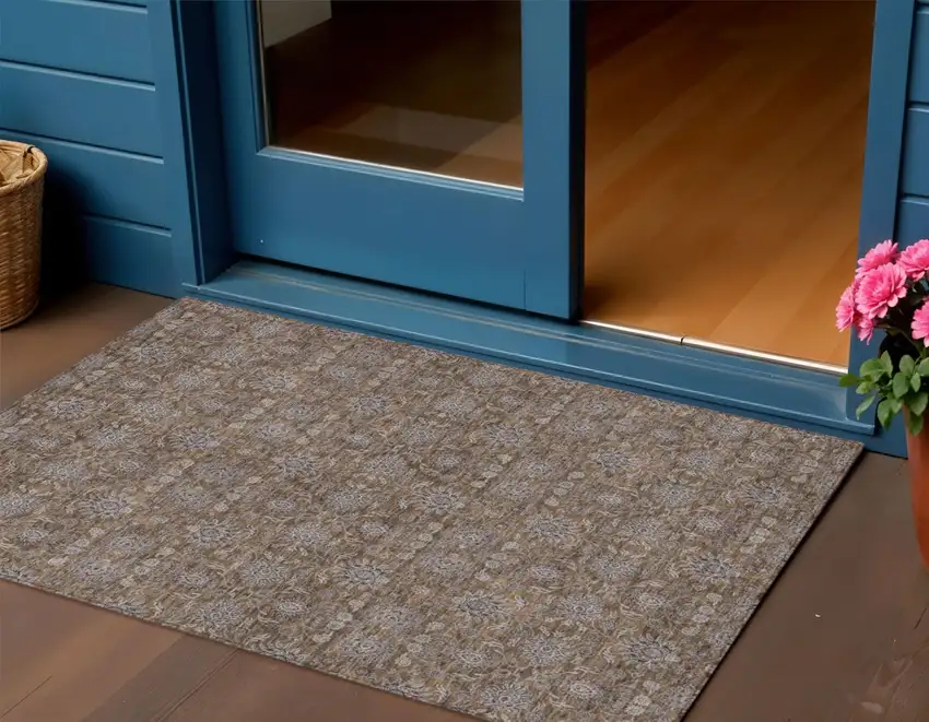 Chocolate And Gray Floral Washable Indoor Outdoor Area Rug Photo 1
