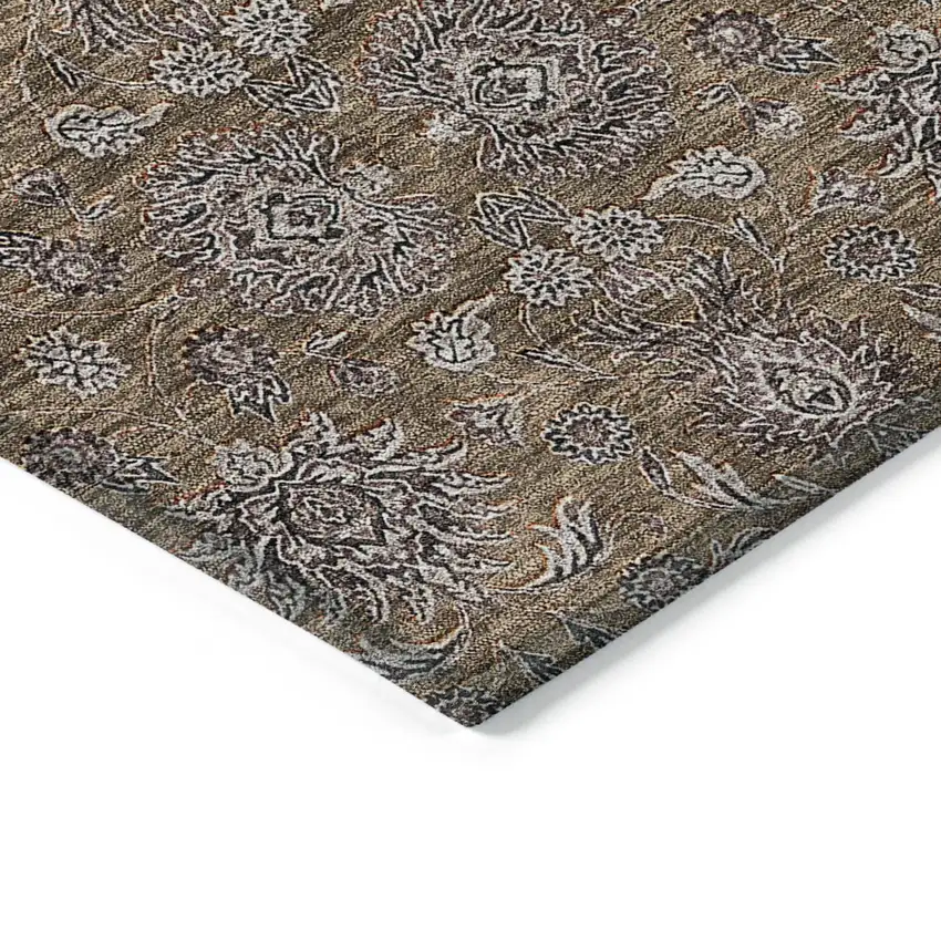 Chocolate And Gray Floral Washable Indoor Outdoor Area Rug Photo 3