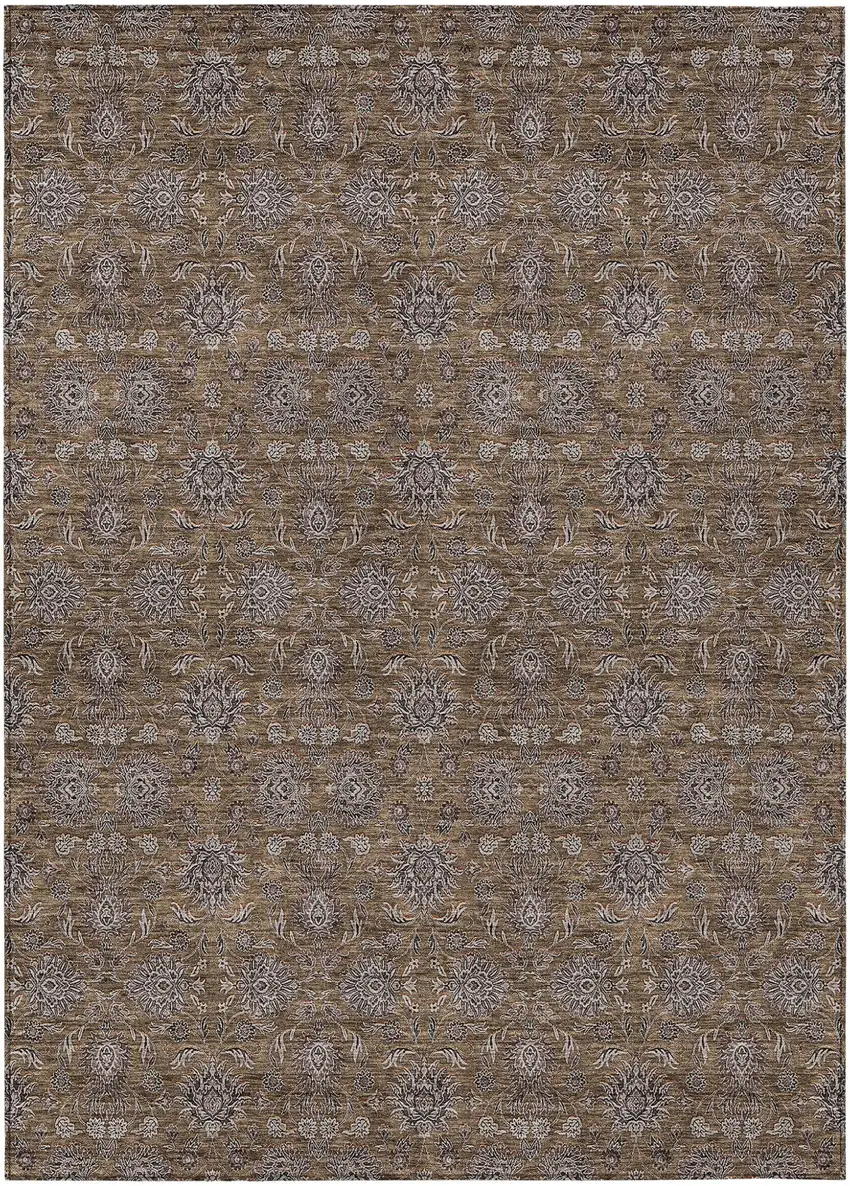 Chocolate And Gray Floral Washable Indoor Outdoor Area Rug Photo 1