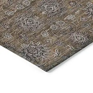 Photo of Chocolate And Gray Floral Washable Indoor Outdoor Area Rug