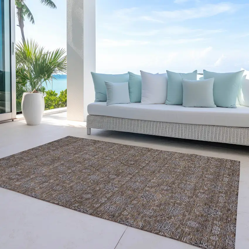 Chocolate And Gray Floral Washable Indoor Outdoor Area Rug Photo 8