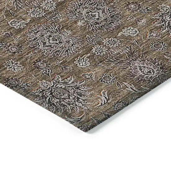 Chocolate And Gray Floral Washable Indoor Outdoor Area Rug Photo 3