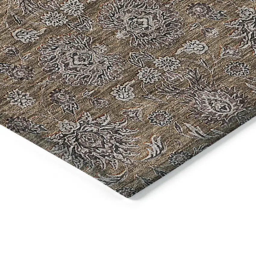 Chocolate And Gray Floral Washable Indoor Outdoor Area Rug Photo 3