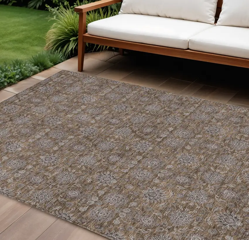Chocolate And Gray Floral Washable Indoor Outdoor Area Rug Photo 1
