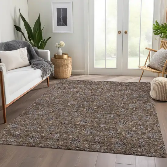 Chocolate And Gray Floral Washable Indoor Outdoor Area Rug Photo 7