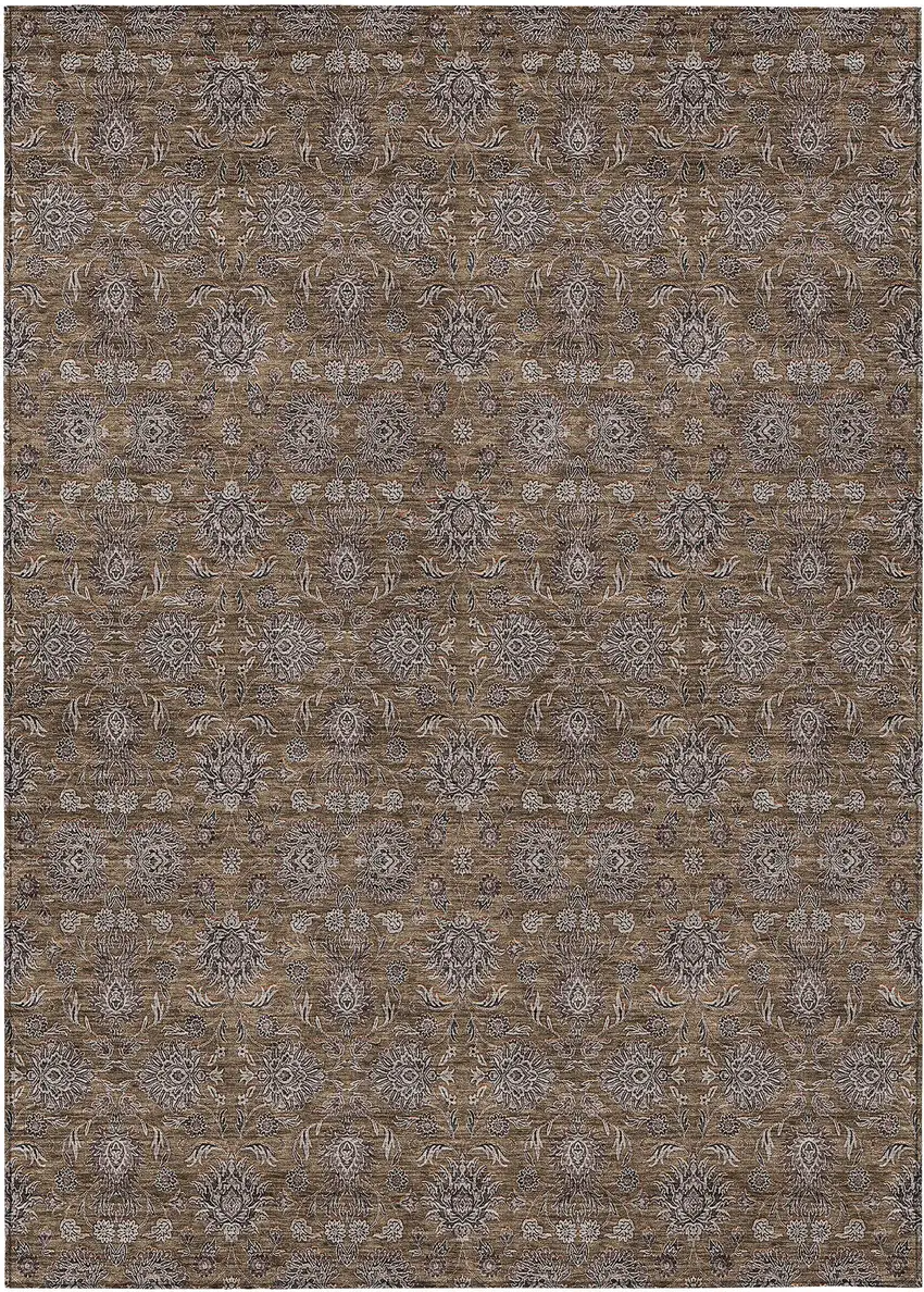 Chocolate And Gray Floral Washable Indoor Outdoor Area Rug Photo 1