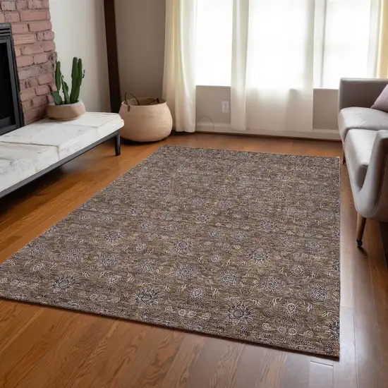 Chocolate And Gray Floral Washable Indoor Outdoor Area Rug Photo 8