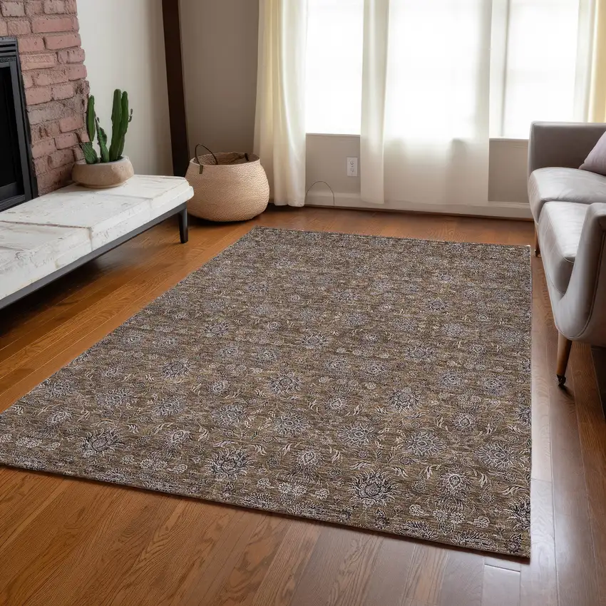 Chocolate And Gray Floral Washable Indoor Outdoor Area Rug Photo 8