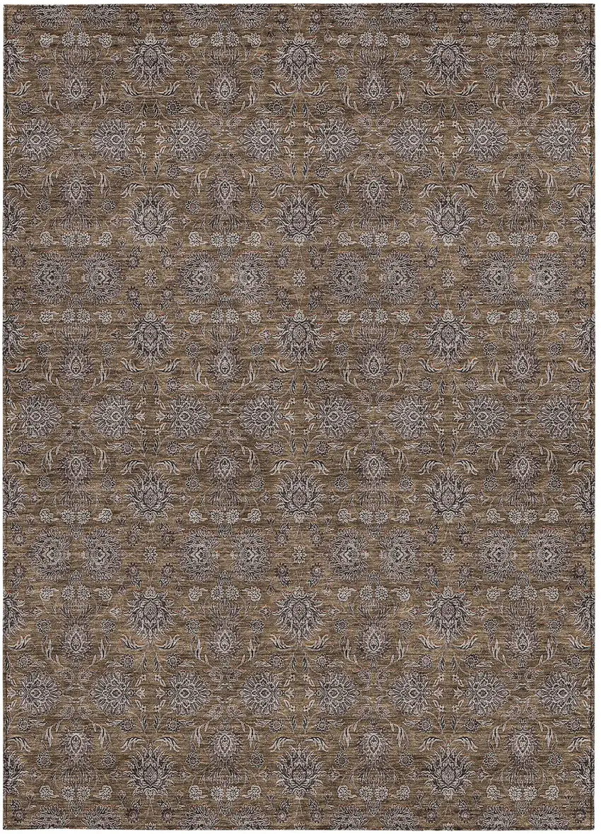 Chocolate And Gray Floral Washable Indoor Outdoor Area Rug Photo 5