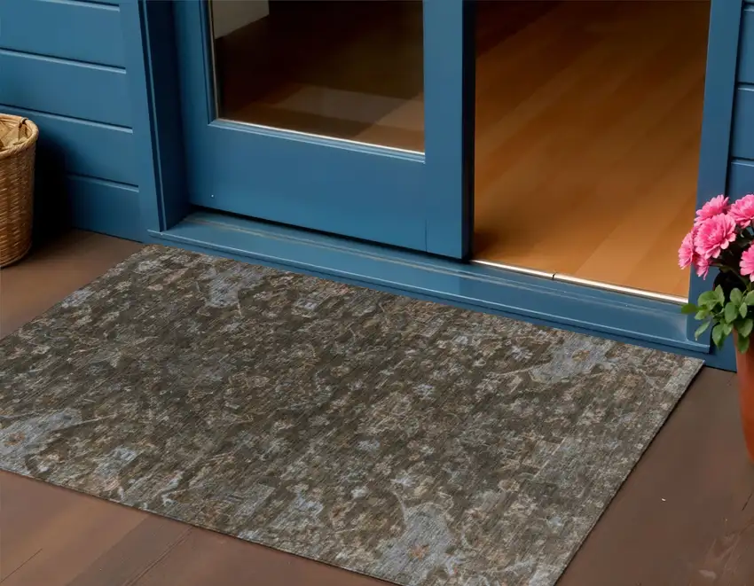 Chocolate And Gray Medallion Washable Indoor Outdoor Area Rug Photo 1