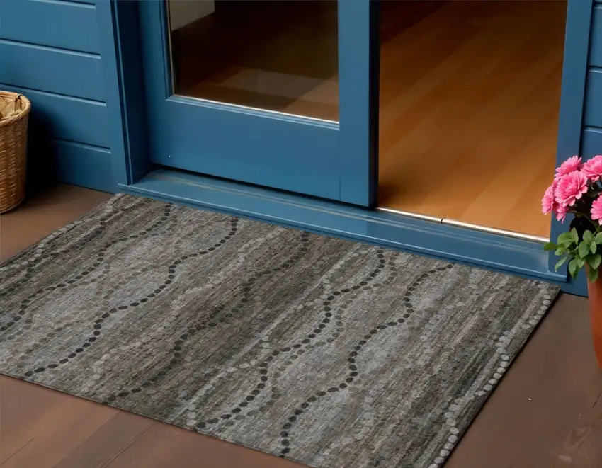 Chocolate And Gray Ogee Washable Indoor Outdoor Area Rug Photo 2