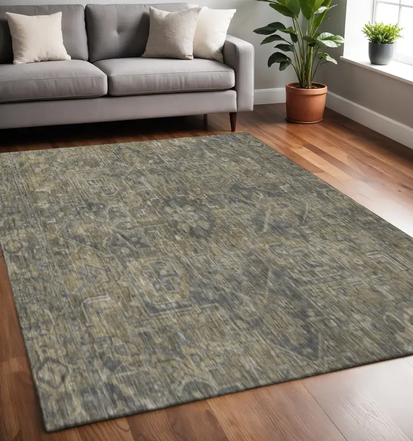 Chocolate And Gray Oriental Washable Area Rug With UV Protection Photo 2