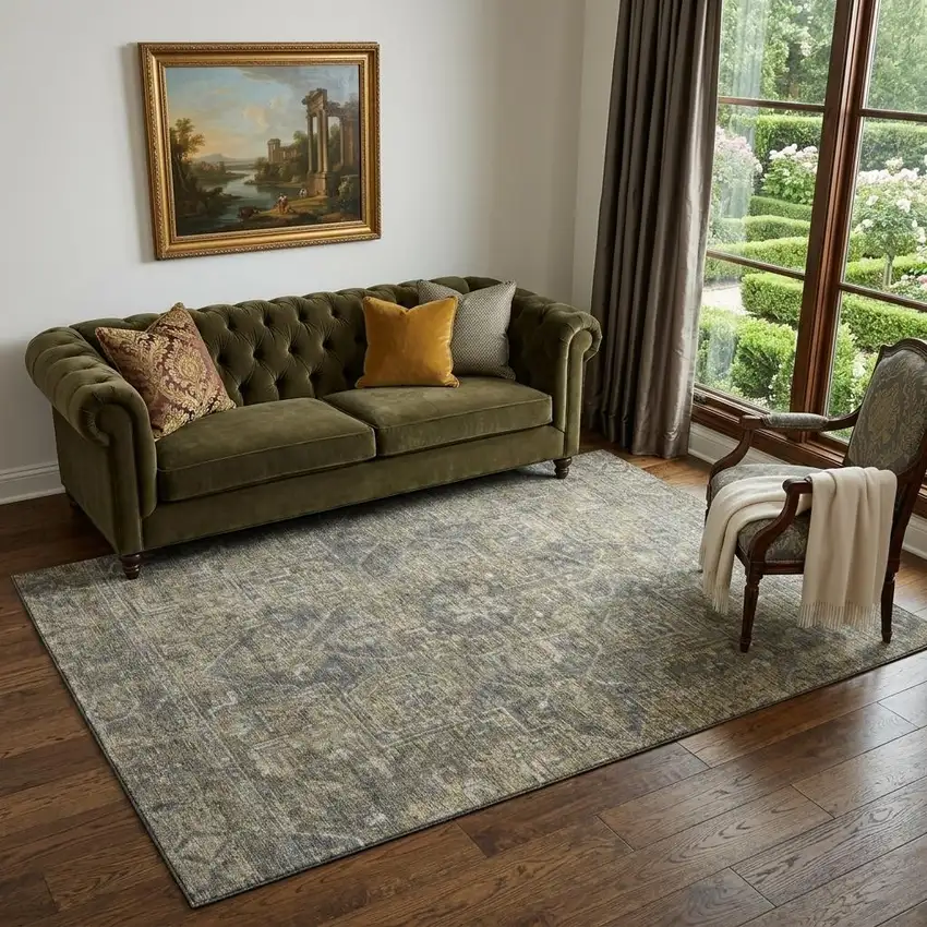 Chocolate And Gray Medallion Distressed Washable Area Rug With UV Protection Photo 1