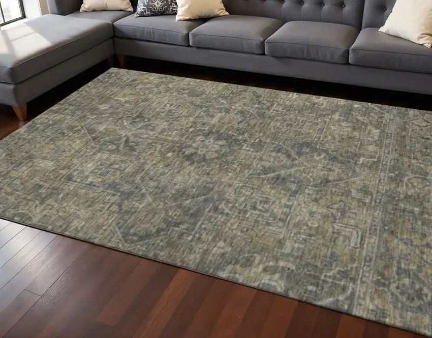 Chocolate And Gray Oriental Washable Area Rug With UV Protection Photo 2