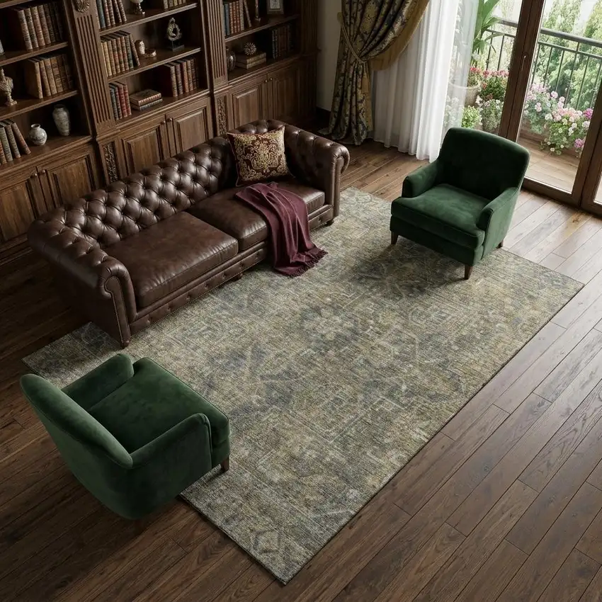 Chocolate And Gray Medallion Distressed Washable Area Rug With UV Protection Photo 1