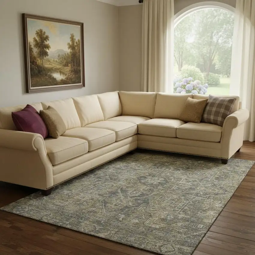 Chocolate And Gray Oriental Washable Area Rug With UV Protection Photo 1