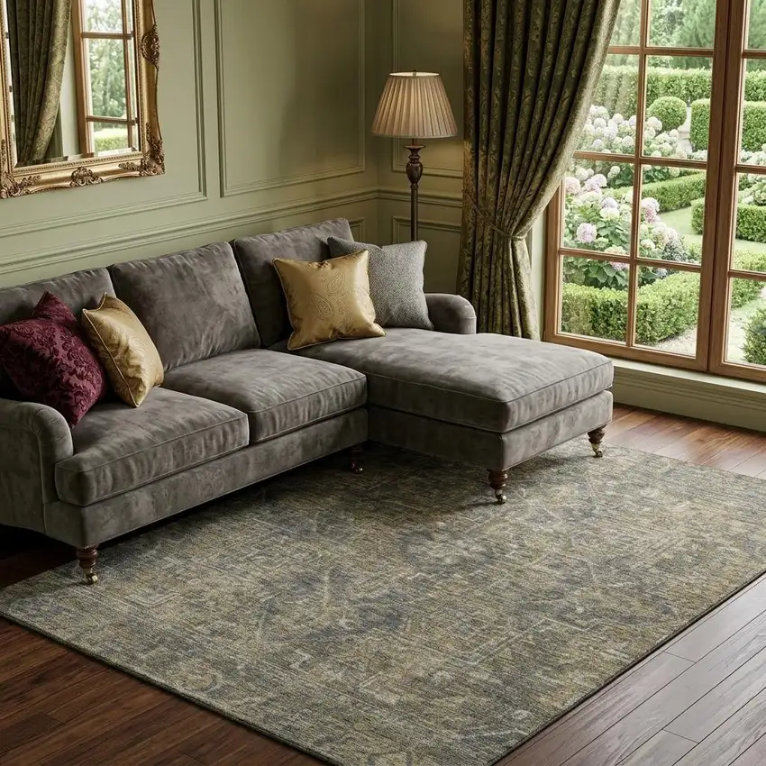 Chocolate And Gray Medallion Distressed Washable Area Rug With UV Protection Photo 1