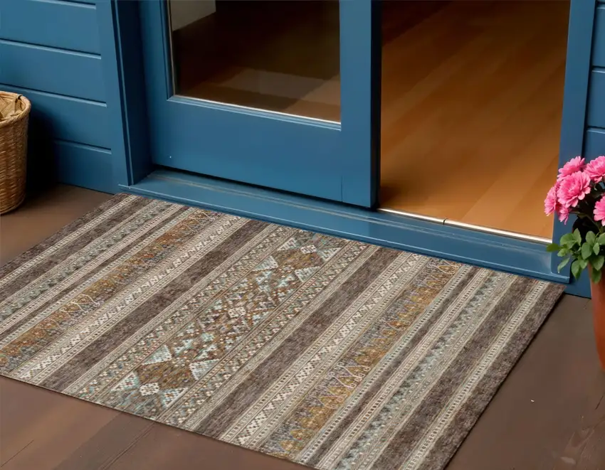 Chocolate And Gray Southwestern Washable Indoor Outdoor Area Rug Photo 1