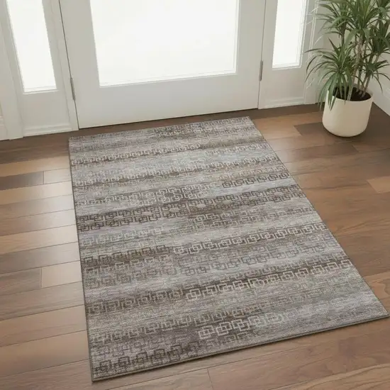 Chocolate And Gray Striped Washable Area Rug With UV Protection Photo 2