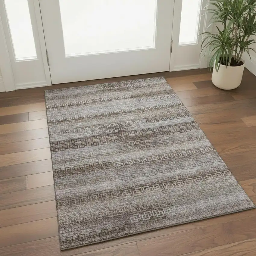 Chocolate And Gray Striped Washable Area Rug With UV Protection Photo 2