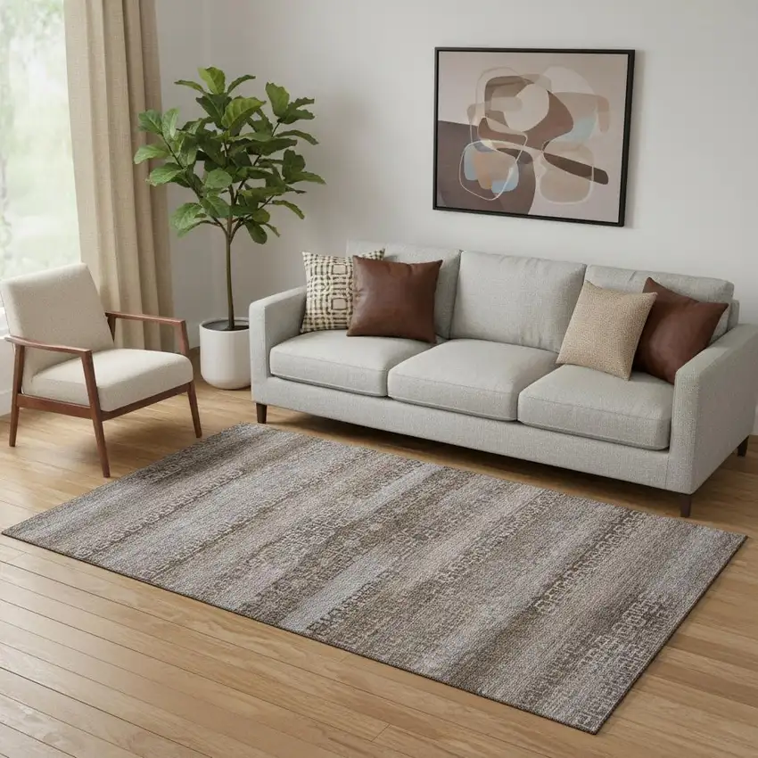 Chocolate And Gray Striped Washable Area Rug With UV Protection Photo 2