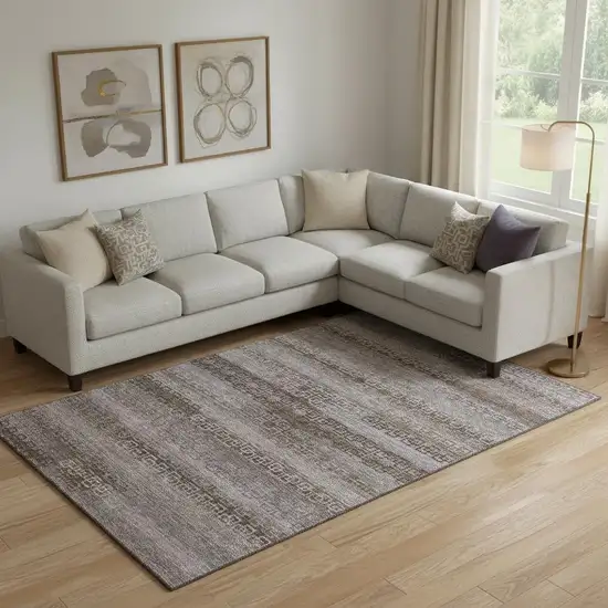 Chocolate And Gray Striped Washable Area Rug With UV Protection Photo 2