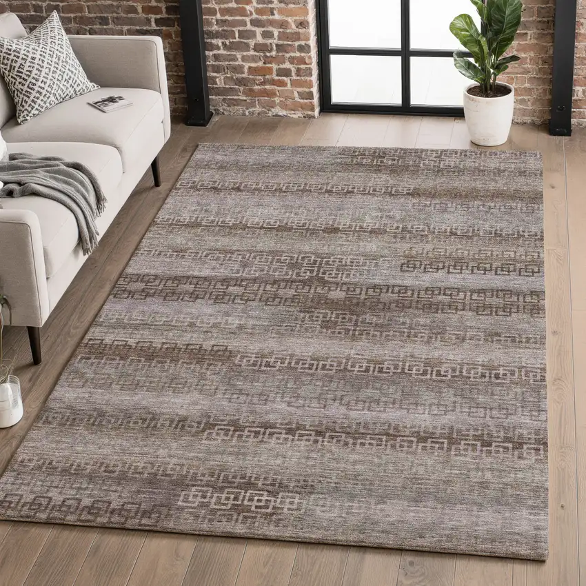 Chocolate And Gray Striped Washable Area Rug With UV Protection Photo 4