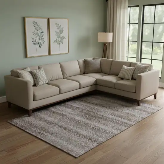 Chocolate And Gray Striped Washable Area Rug With UV Protection Photo 2