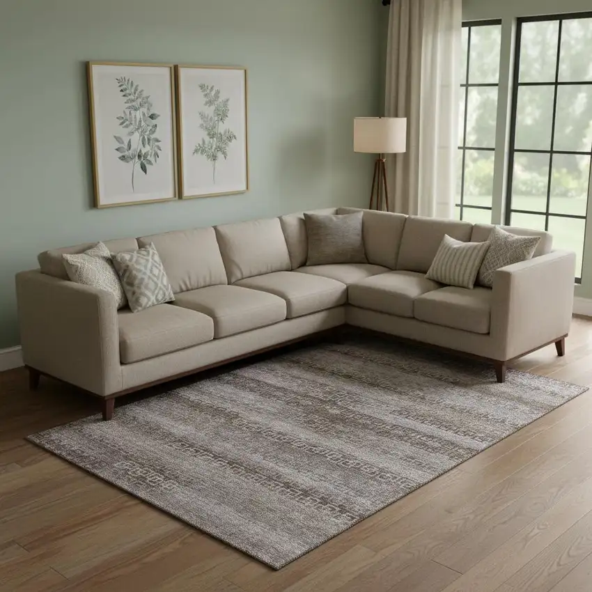 Chocolate And Gray Striped Washable Area Rug With UV Protection Photo 2