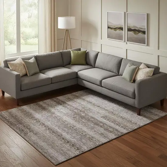 Chocolate And Gray Striped Washable Area Rug With UV Protection Photo 2